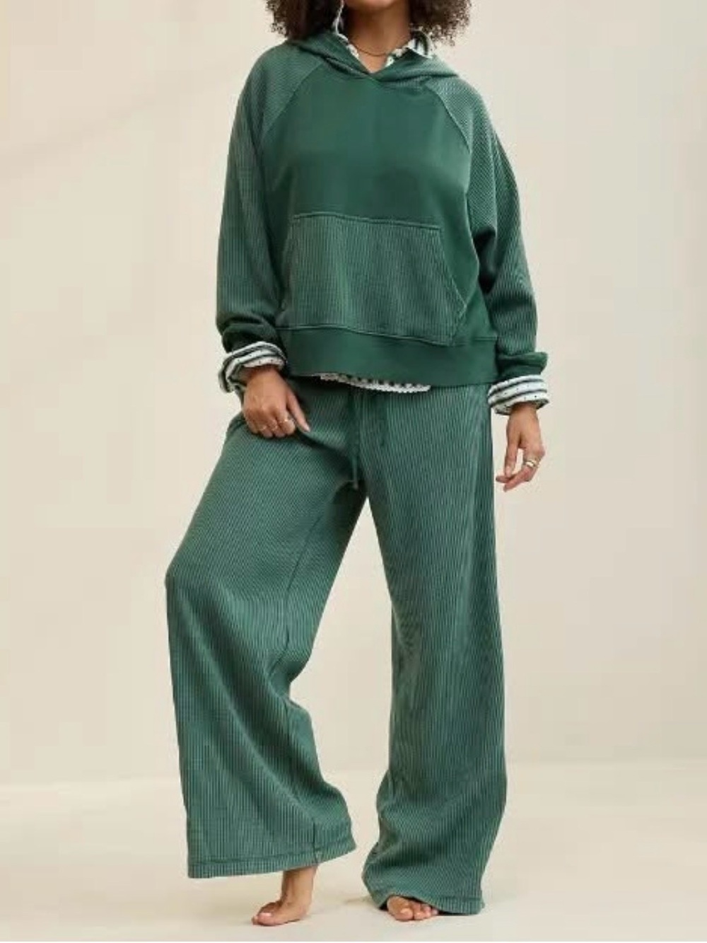 Aerie Essential Waffle Set Wide Leg Trouser Sweatpants Hoodie Green sz large NEW